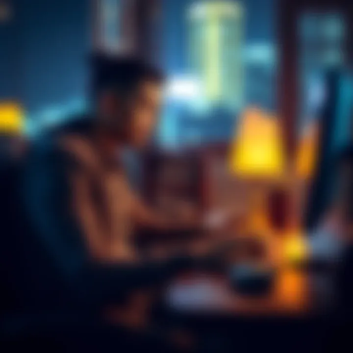 A person sitting at a computer, looking suspicious while typing a message on a forum about investment opportunities.