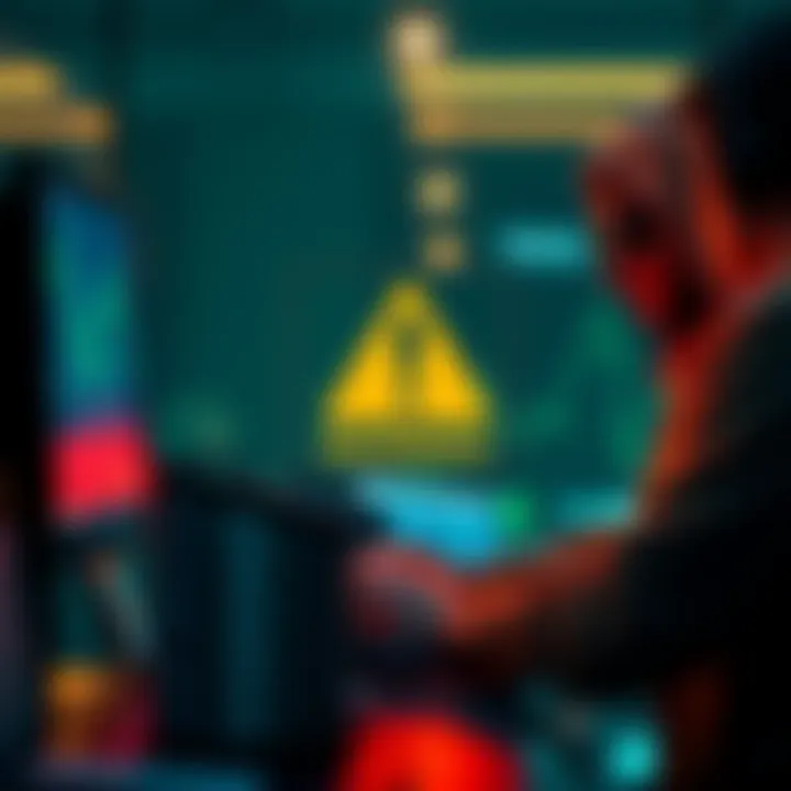 A person using a computer with a warning sign, representing a scam targeting Coinbase users on Telegram.