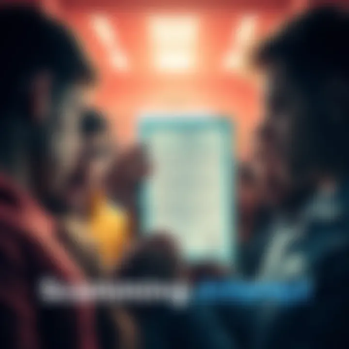 A chaotic scene showing a group of people looking confused while examining a fraudulent document, with shocked expressions on their faces.