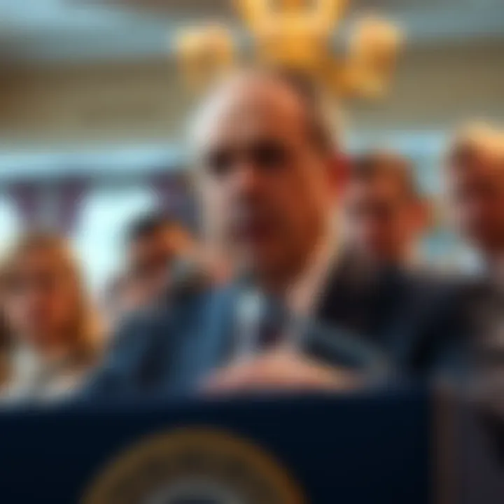 Schiff Speaking at a Podium Political figure Schiff giving a speech at a podium with intense expressions from the audience behind him