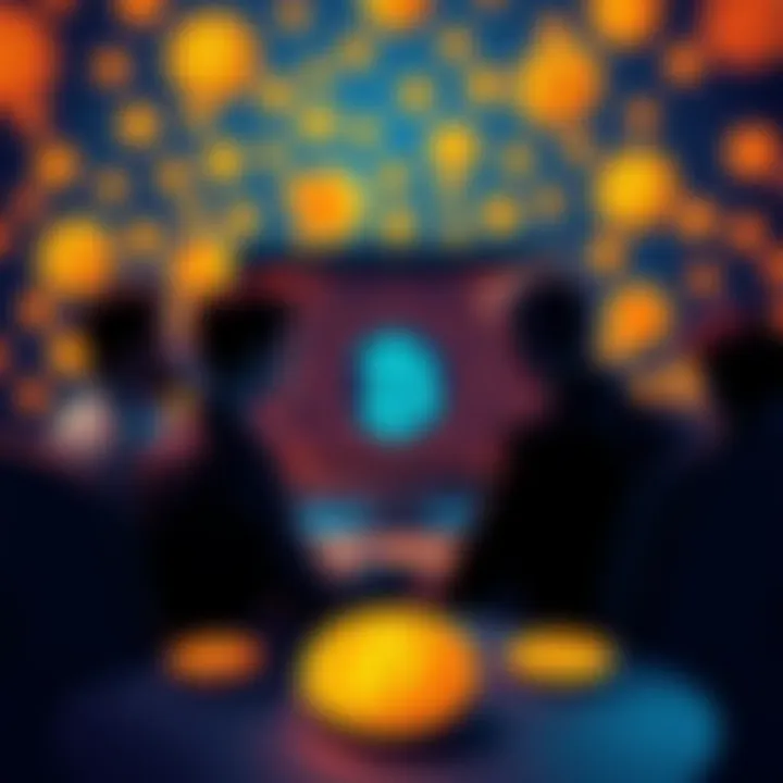 A group of people discussing in front of a computer, trying to identify the true identity of Satoshi Nakamoto, surrounded by Bitcoin symbols.