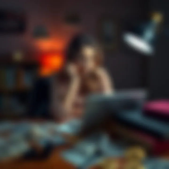 Searching for Lost Bitcoin A woman sitting at a desk, looking at a laptop with a thoughtful expression, surrounded by receipts and old photos from her past life as a dominatrix, symbolizing her search for lost Bitcoin.