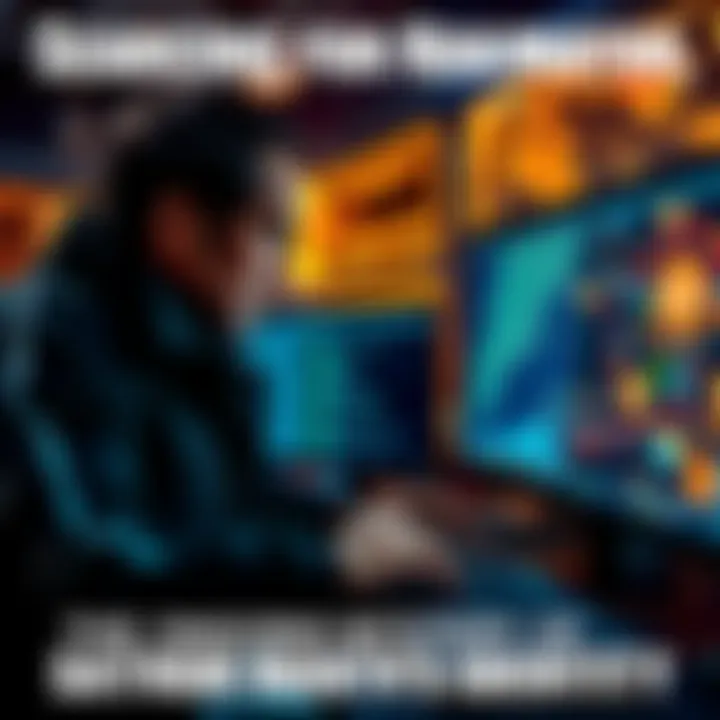 A detective looking at computer screens with codes and digital maps, trying to find clues about Satoshi Nakamoto's identity