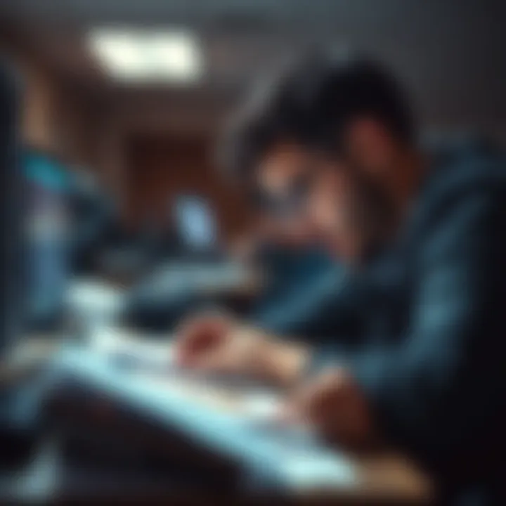 A person looking through papers and a computer for a lost bitcoin key to regain access to cryptocurrency.