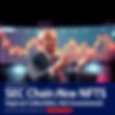 SEC Chair explaining the classification of NFTs as digital collectibles, with a graph showing market trends in the background.