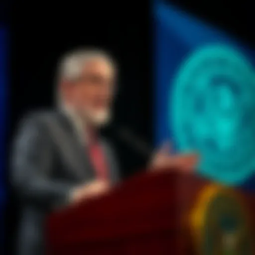 SEC Chair Paul Atkins discusses crypto in retirement accounts SEC Chair Paul Atkins speaking at a podium about integrating cryptocurrency into 401(k) plans