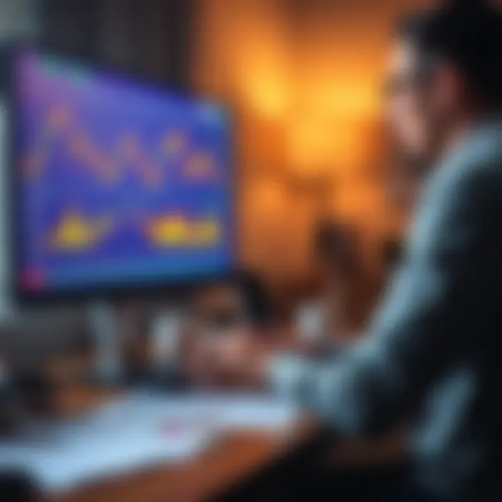 A person looking thoughtfully at a computer screen displaying Bitcoin charts, with a house model and financial documents on the desk