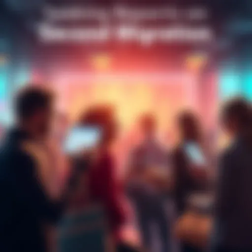 People discussing second migration reports A group of people sharing experiences about the second migration, showing graphs and screenshots of referral details on their devices.