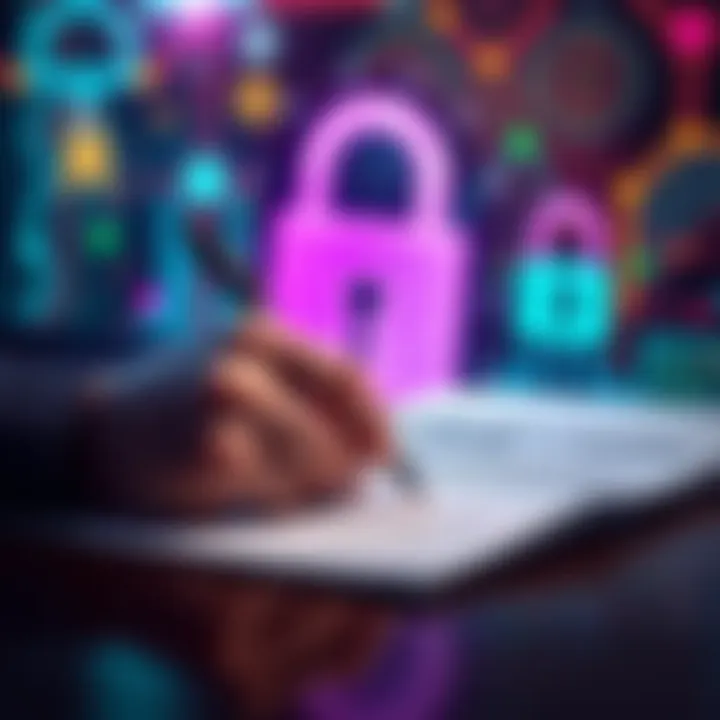 A person writing down a 24-word seed phrase for a cryptocurrency wallet on paper with a lock and digital symbols in the background.