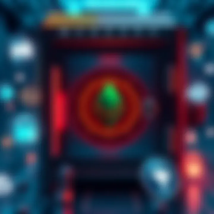 Secure Cryptocurrency Storage A digital safe with a Monero logo, representing secure storage for XMR cryptocurrency, surrounded by offline and online wallet icons.