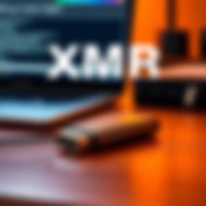 A secure USB-style wallet used for storing XMR coins, placed on a wooden desk with a laptop in the background.