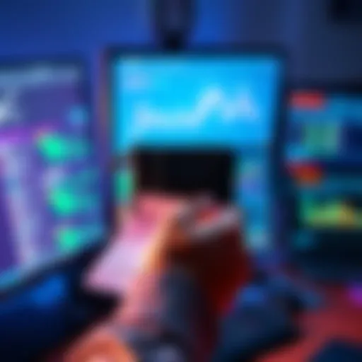 A person holding a hardware wallet while writing down a recovery phrase on paper, surrounded by computer screens showing crypto transactions.