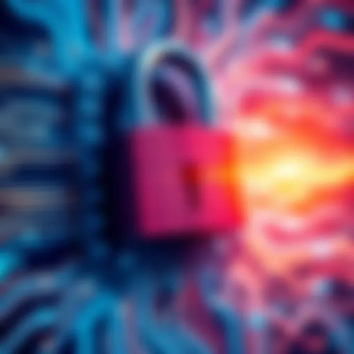 A representation of secure quantum computing featuring a digital lock and quantum circuit patterns, symbolizing safety measures for funds.