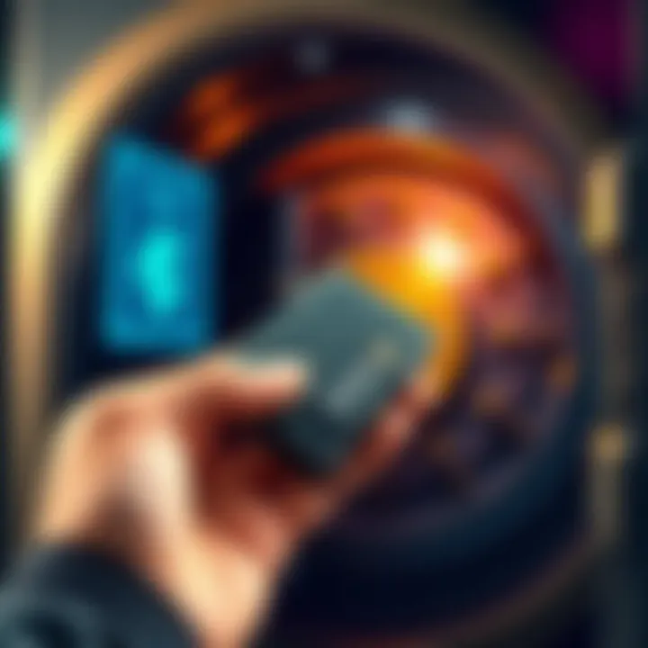 A person holding a Ledger hardware wallet, with images of Solana coins and a safe in the background, representing secure staking options.