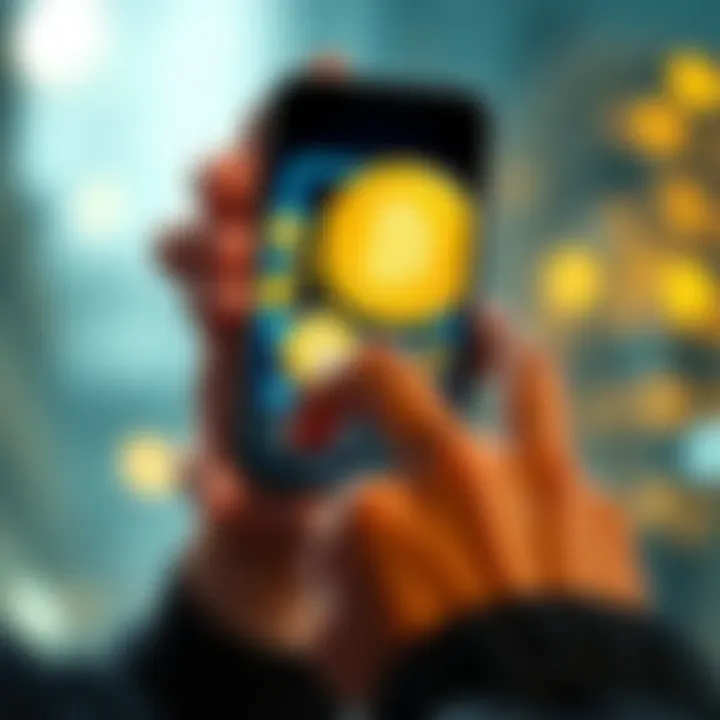 A person holding a smartphone with a cryptocurrency wallet app open, showing various digital coins on the screen, while also protecting the phone with a lock icon in the background.