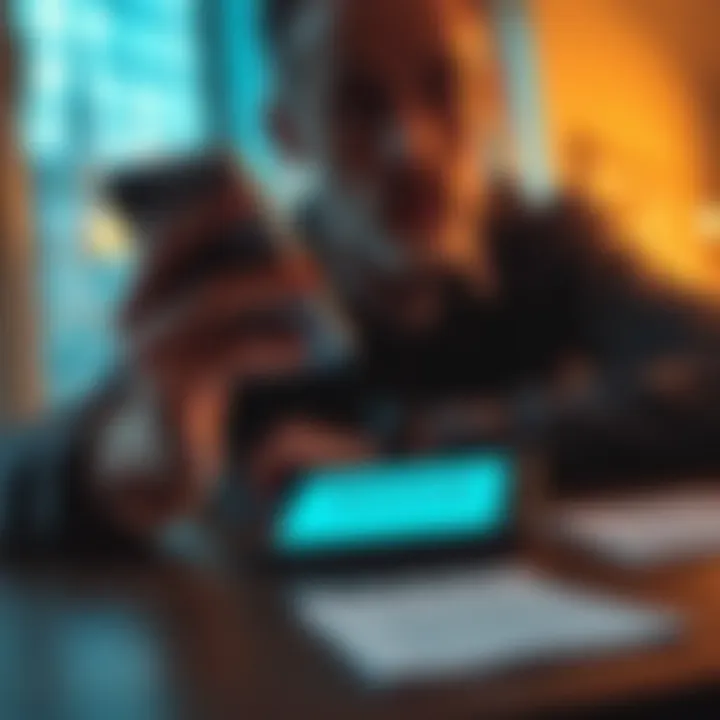 A person holding a smartphone, looking worried, with a note showing a seed phrase on a table near them. Light from a window reflects off the phone.