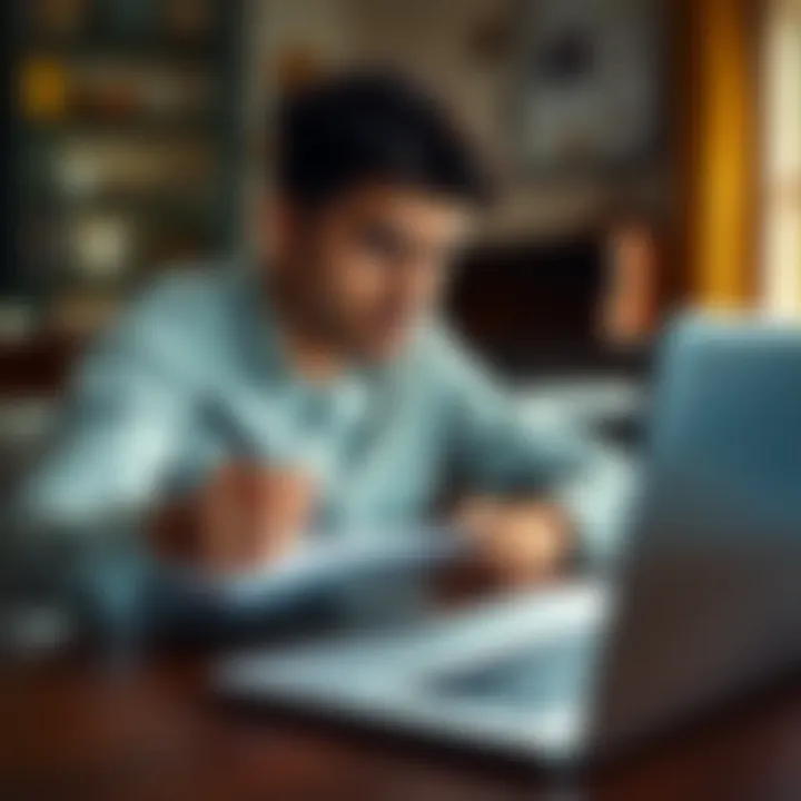 A person looking thoughtful while writing on a notepad, asking for advice on a service they've enjoyed for six months, with a laptop open nearby.