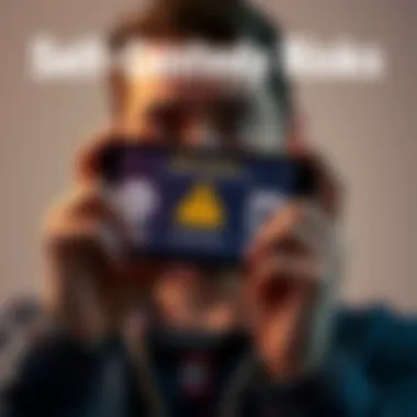 A person looks worried while holding a smartphone displaying a crypto wallet screen with warning signs about lost seed phrases and unsecured wallets.