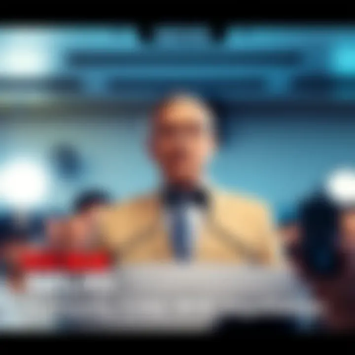 A confident person standing at a podium, speaking passionately about new regulations with a serious expression, surrounded by reporters and cameras.