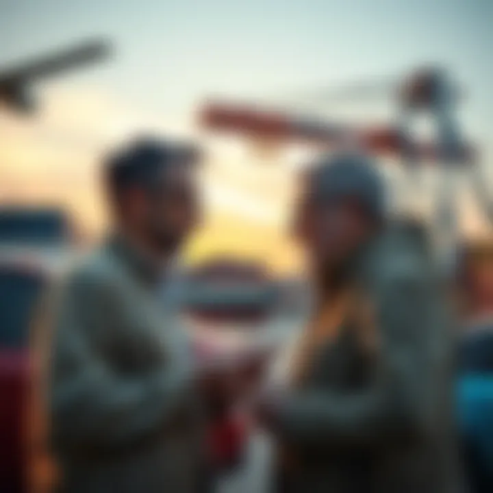 A seller and a buyer discussing the payment for a car sale, with a shipping company in the background, showcasing international car transactions