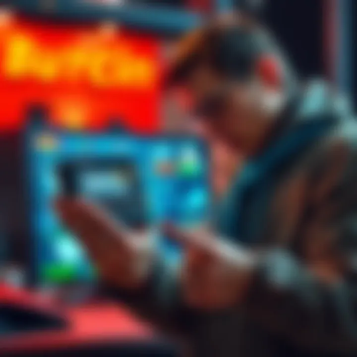 A person holding a Bobcat Miner 3000 device while looking at a digital wallet on a screen, contemplating a sale.