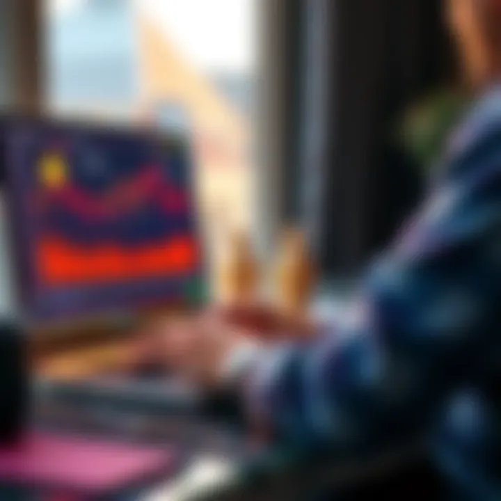 A person using a laptop to sell cryptocurrency online, with charts and digital coins displayed on the screen.