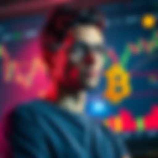 A person contemplating whether to sell Google shares or Bitcoin, with stock market charts and cryptocurrency symbols in the background.