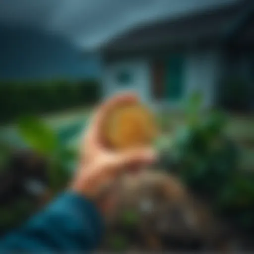 A person holding a Bitcoin in front of a piece of land for sale in El Salvador