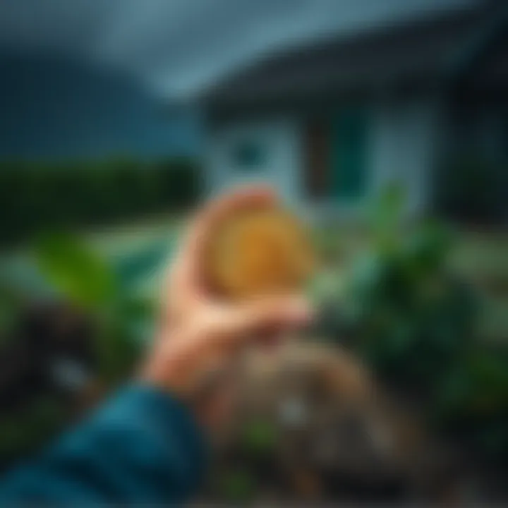 A person holding a Bitcoin in front of a piece of land for sale in El Salvador