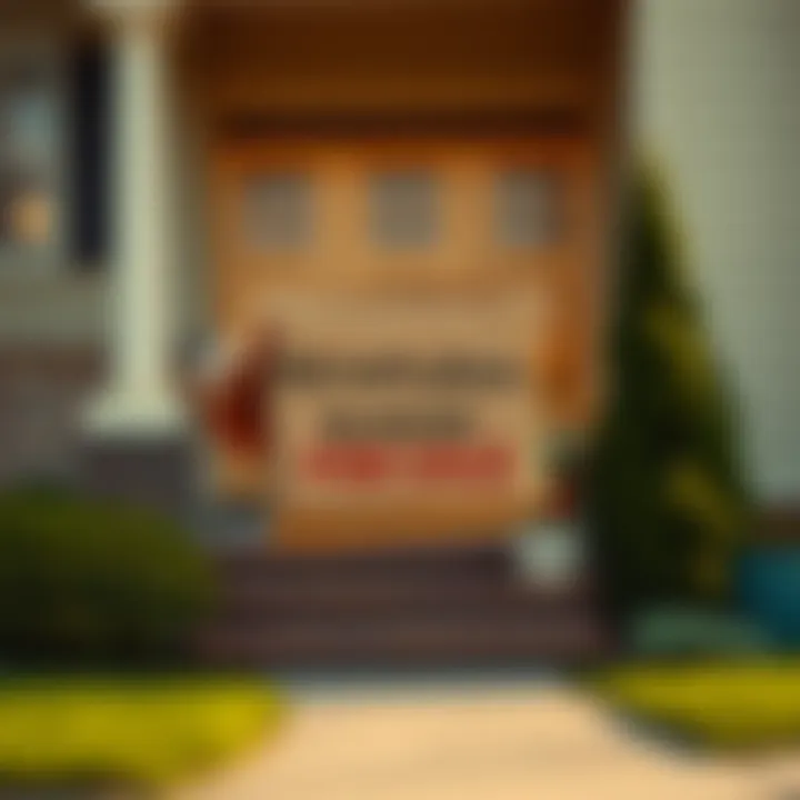 A person holding a parcel with a for sale sign in front of a house, contemplating a move.