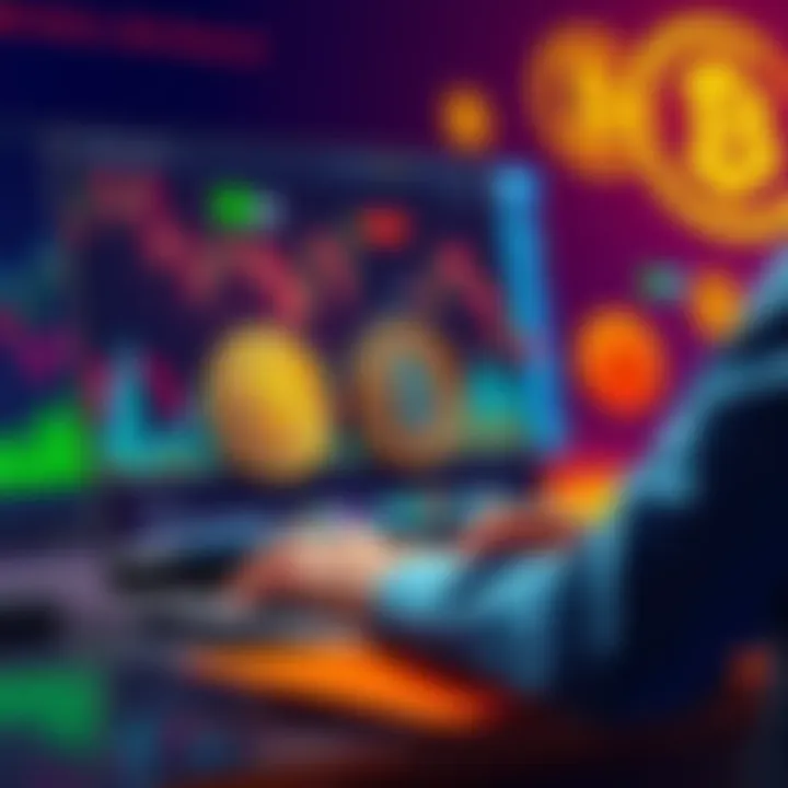 A person using a laptop to sell Bitcoin online, with charts showing profit and Bitcoin logos in the background.