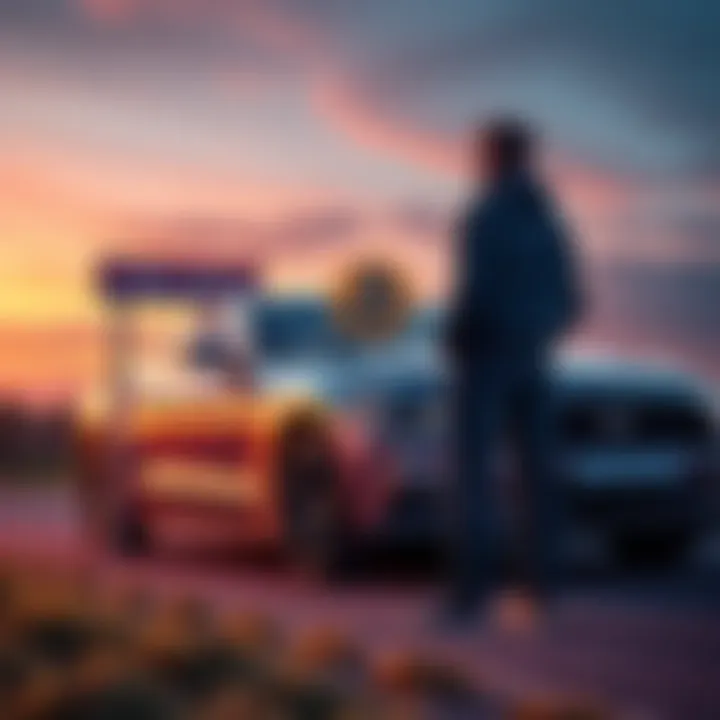 A person standing next to a car with a 'For Sale' sign while holding a Bitcoin symbol, contemplating the future of their investment.