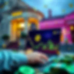 A person using a laptop to sell cryptocurrency, with a bank building in the background and cash symbols around.