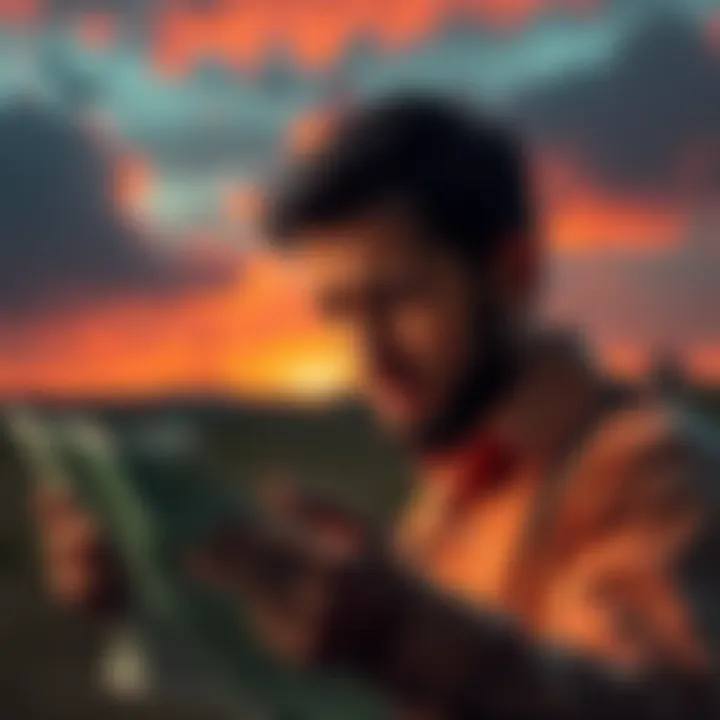 A person looks at a map while contemplating selling a plot of land, showing frustration and uncertainty.