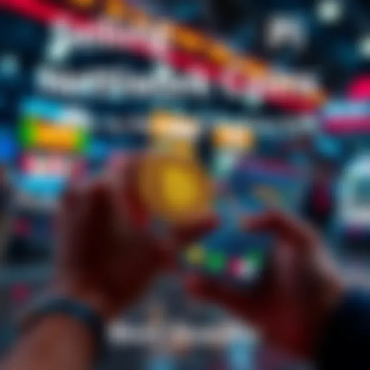 A person holding Pi Network coins and looking at a digital market platform on a smartphone