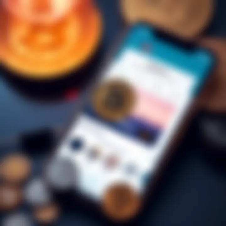 Selling small amounts of Bitcoin A smartphone screen displaying a user-friendly app for selling Bitcoin with small amounts of cryptocurrency, alongside a few coins on a table.