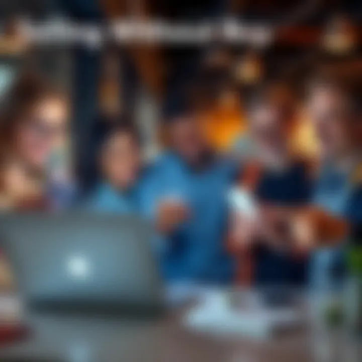 A group of people showcasing products they don't own, with a laptop and mobile devices in a modern setting.