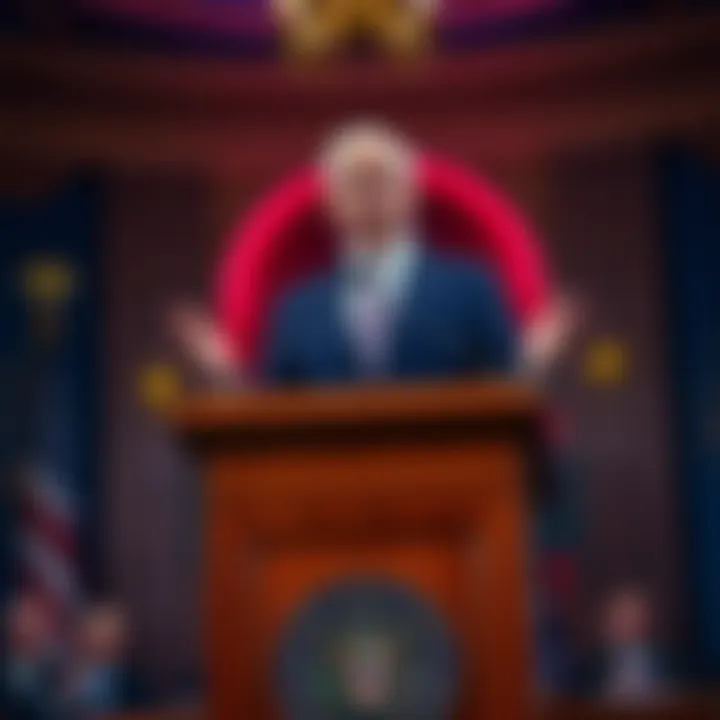 A Democratic senator stands at a podium with a bill regarding cryptocurrency connections to Trump, highlighting the importance of regulation.