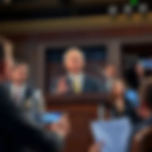 A US senator speaking at a podium about cryptocurrency legislation, surrounded by staff and reporters, expressing determination to advance the bill