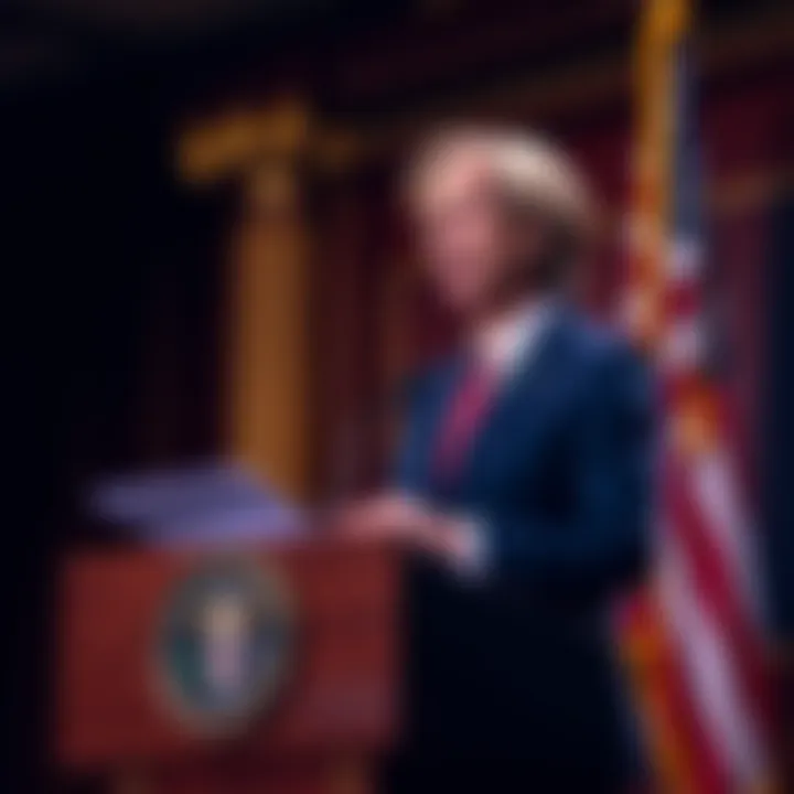 A Senate Democrat speaks at a podium about cryptocurrency regulation while notes and a U.S. flag are in the background.