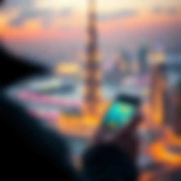 A person using a smartphone to send cryptocurrency, with a backdrop of Dubai's skyline