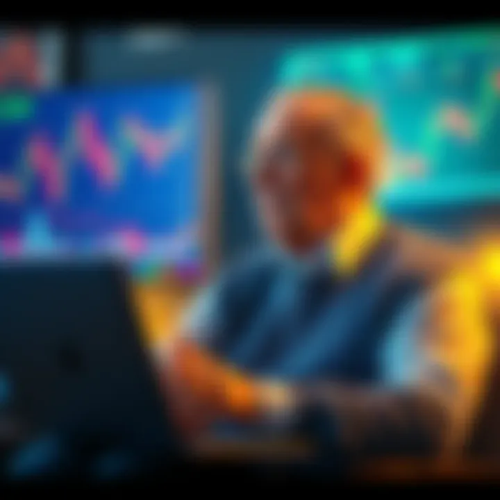 Senior man considering crypto investment A 72-year-old man looking at a laptop, pondering a six-figure investment in Bitcoin, with financial charts on the screen