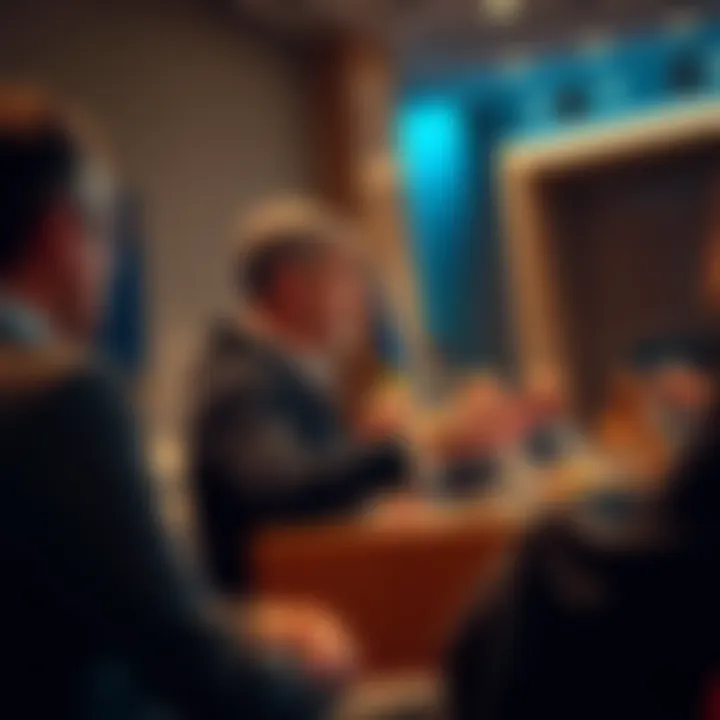 Shai Wyborski giving a speech at a panel, expressing concerns about the Kaspa project while an audience listens attentively
