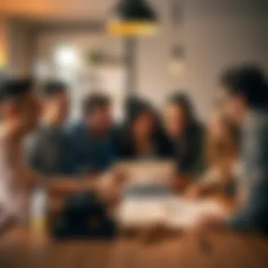 A group of people laughing and discussing around a table with electrical bills and a laptop.