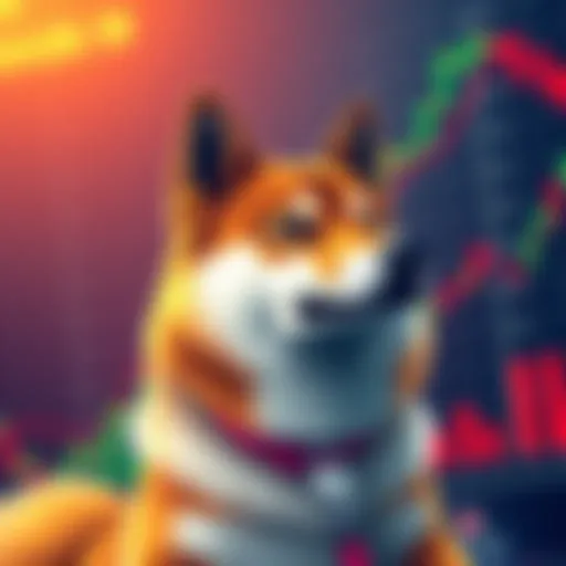 A visual of Shiba Inu dog symbolizing the Shib cryptocurrency with upward trends and market charts in the background.