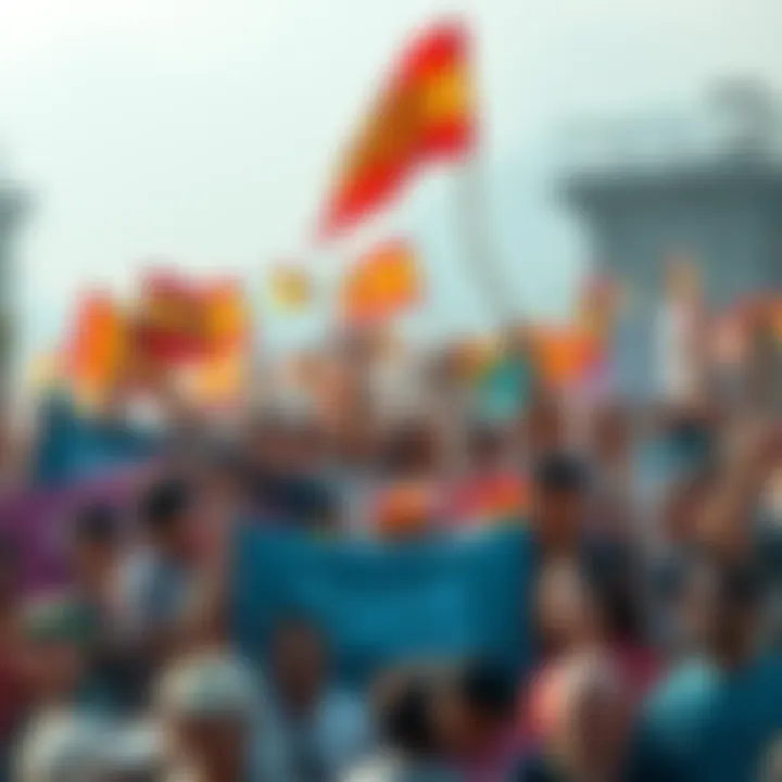 A large group of diverse people showing support for SHIB, holding banners and cheering together, symbolizing unity and strength