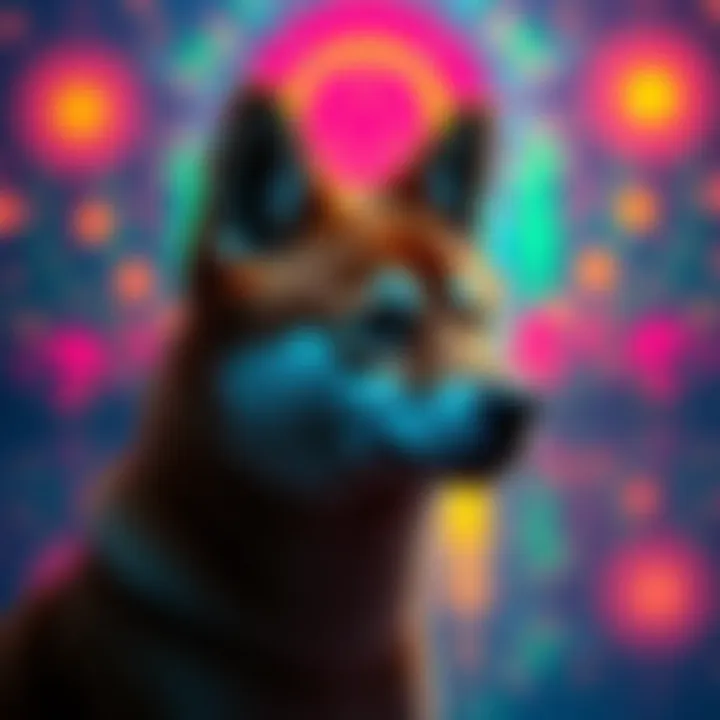 The SHIB coin logo featuring a Shiba Inu dog against a colorful background representing growth and community support.