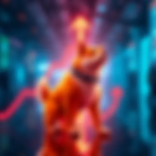 A digital Shib dog icon with upward arrows, symbolizing potential market growth to 1 trillion.