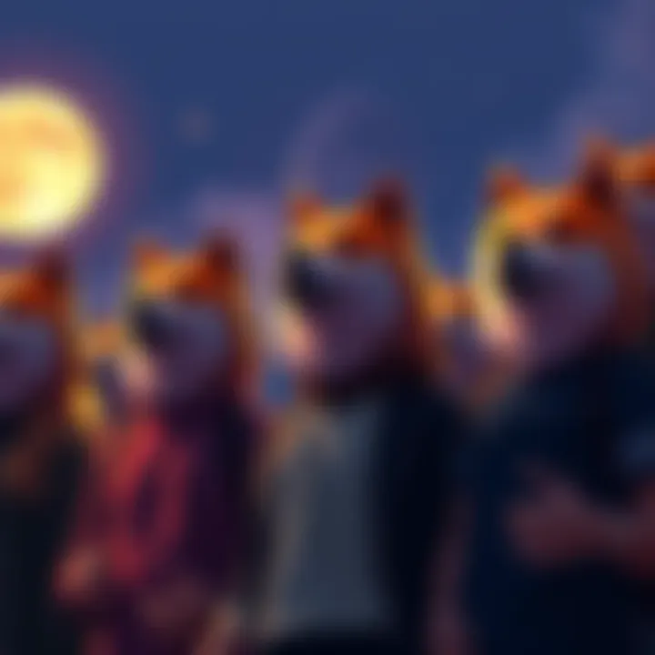 Shiba Inu Token Community A group of people celebrating with Shiba Inu dog masks, looking towards a bright moon in the sky, symbolizing growth and future goals in cryptocurrency.