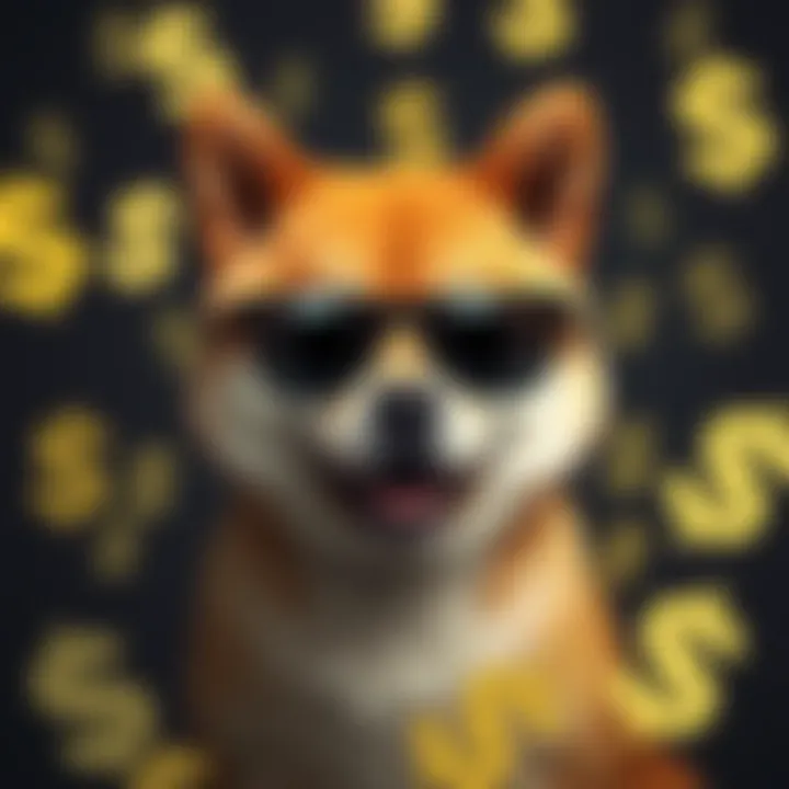 A Shiba Inu dog wearing sunglasses and surrounded by dollar signs, symbolizing the humorous hope for SHIB to reach $1 in crypto.